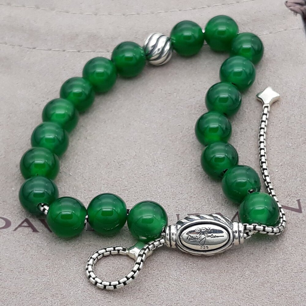 David Yurman Green Onyx Bead Bracelet with silver bead accent